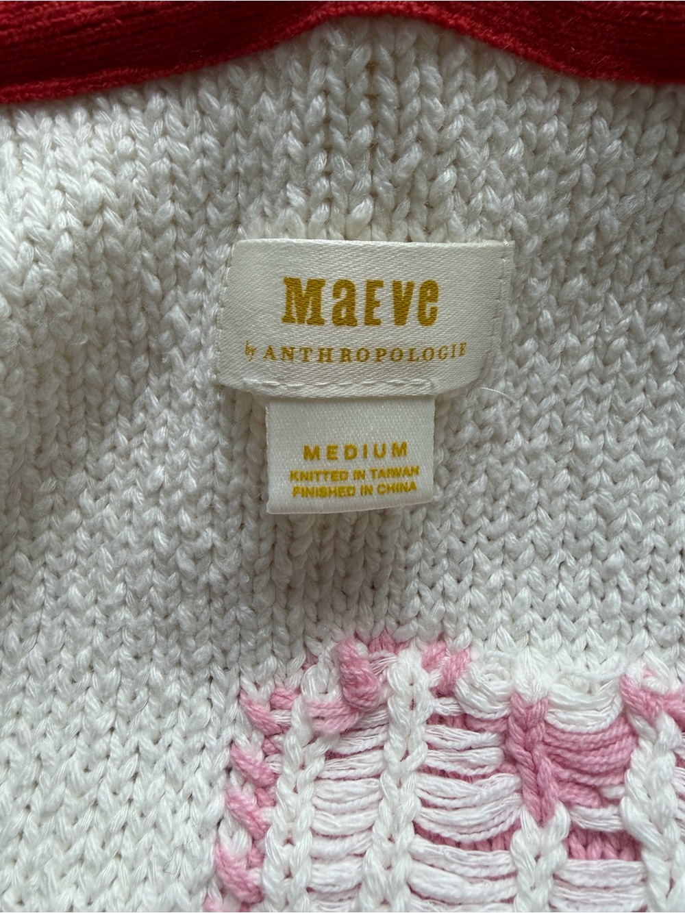 Anthro Heart Cardigan in ivory cream w/ pink & red, shawl collar, cotton Sz M - Picture 5 of 8